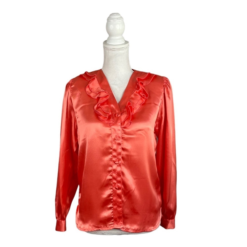 Vintage 90s Carry Black Petite Coral Satin Ruffle Neckline Long Sleeve Blouse